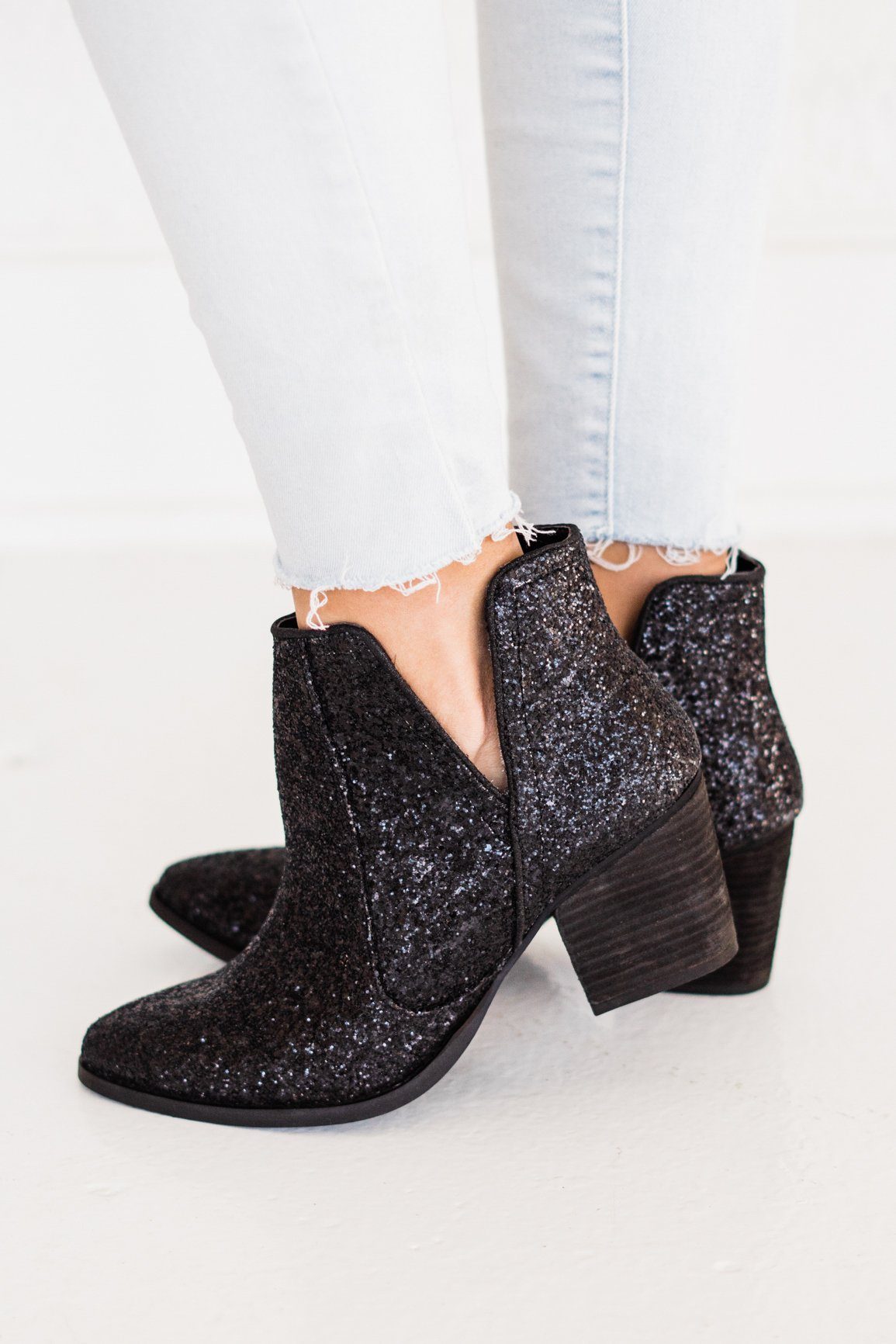 Fiera Glitter Booties Black Sequin Shine 3 Inch Heel Naughty Monkey